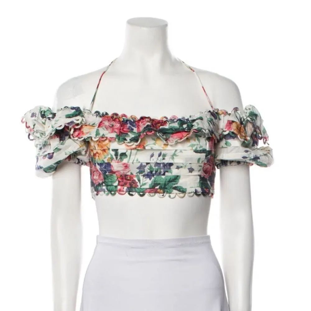 Zimmermann Allia Pintuck Floral Off-Shoulder Crop Top